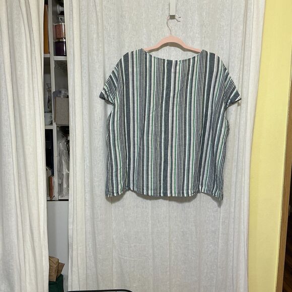 Liz ClaiborneWoman's Striped Button Front Shirt Cap Sleeves Size XL Linen Blend - Picture 2 of 8